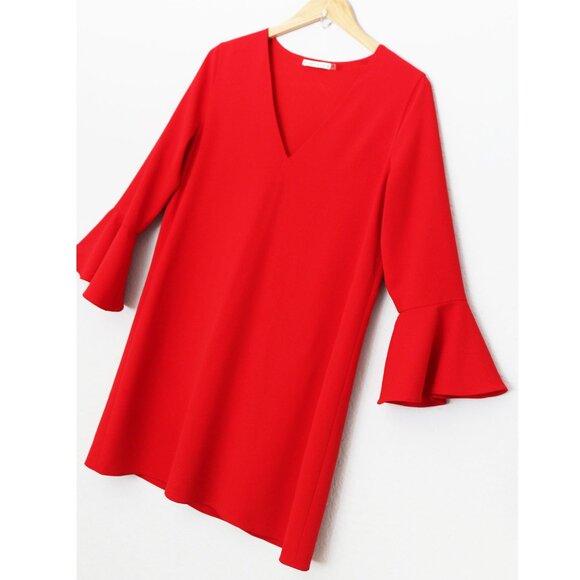 Alice + Olivia Red 3/4 Bell Sleeves V Neck Mini Shift Dress - Picture 9 of 16
